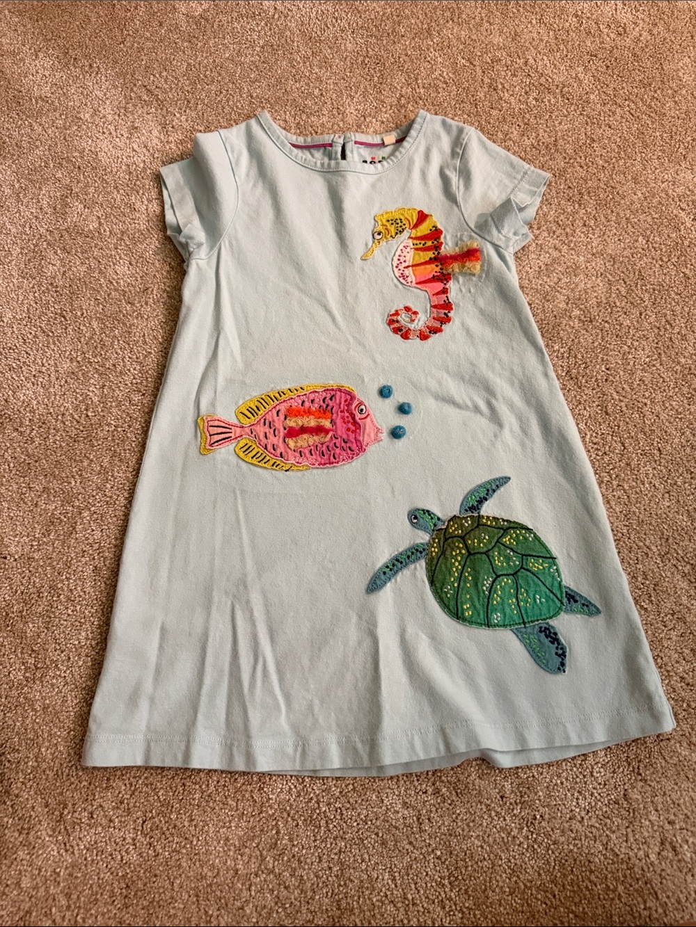 Mini Boden Light Blue Dress with Pink Fish, Green Turtle & Yellow Seahorse